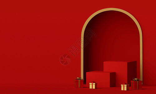 圣诞快乐和新年红色讲台的场景和带有复制空间的圣诞礼物3D节快乐的雪人背景图片