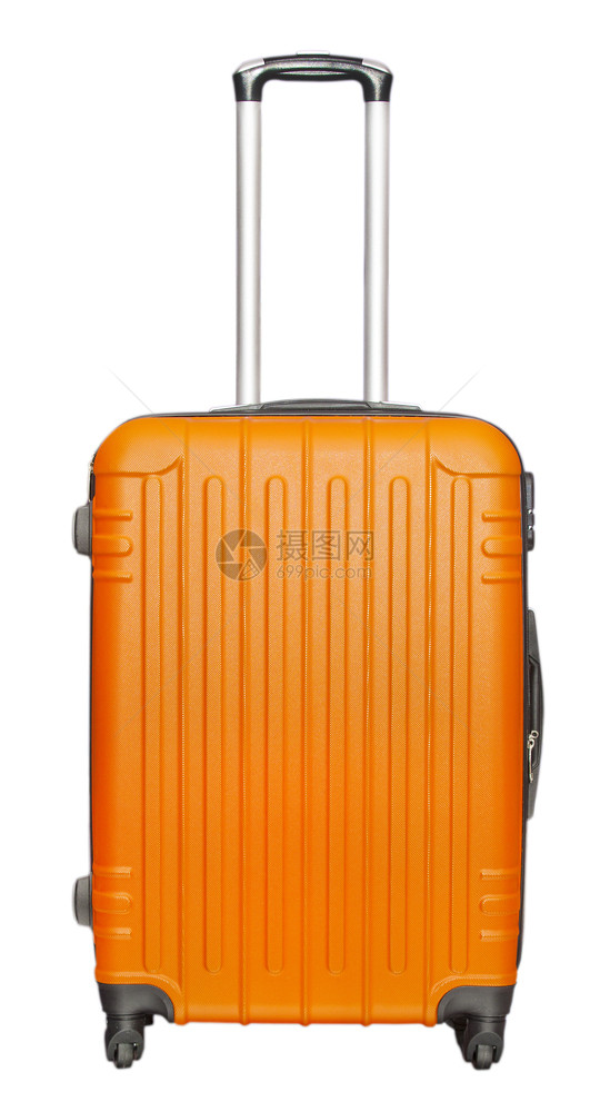 白底孤立的橙色手提箱旅行劳斯莱聚碳酸酯图片