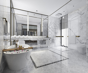 明亮的当代屋3d提供现代厕所配有豪华瓷砖装饰镜子高清图片素材