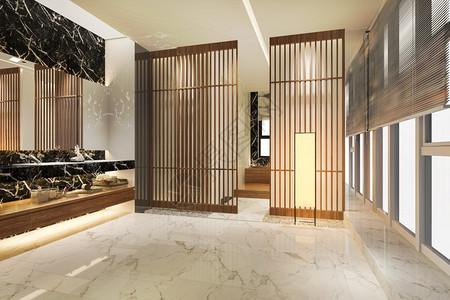 3d提供现代厕所配有豪华瓷砖装饰现代的自在室内盆地高清图片素材