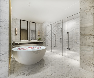 住宅经典的3D提供经典现代洗手间配有豪华瓷砖装饰室内的毛巾高清图片素材