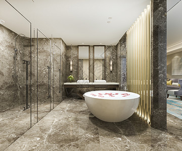 3D提供经典现代洗手间配有豪华瓷砖装饰奢当代的屋大理石高清图片素材