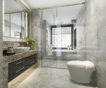 3D提供经典现代洗手间配有豪华瓷砖装饰公寓淋浴最小的渲染高清图片素材
