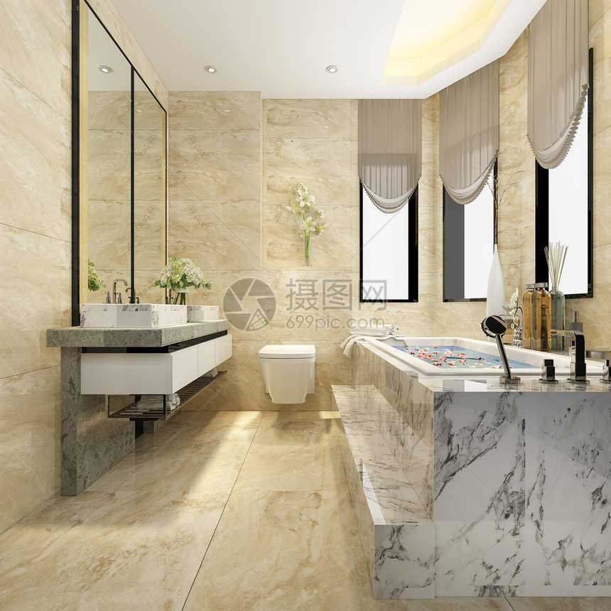 干净的3D提供经典现代洗手间配有豪华瓷砖装饰美丽的白色