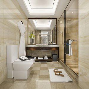 房间奢华卫生3d提供现代厕所配有豪华瓷砖装饰渲染高清图片素材
