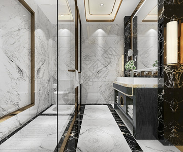 镜子公寓肥皂3d提供现代厕所配有豪华瓷砖装饰渲染高清图片素材