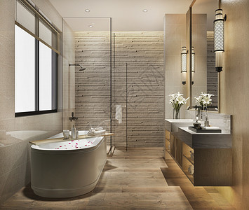 放松屋干净的3d提供现代厕所配有豪华瓷砖装饰渲染高清图片素材