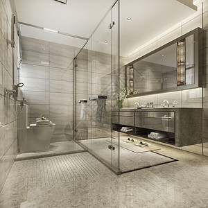 3d提供现代厕所配有豪华瓷砖装饰明亮的最小灯浴缸高清图片素材