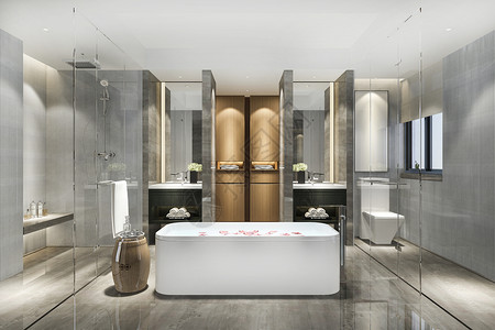 3d提供现代厕所配有豪华瓷砖装饰内部的最小白色玻璃高清图片素材