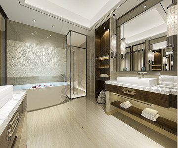 3d提供现代厕所配有豪华瓷砖装饰干净的房间洗墙高清图片素材