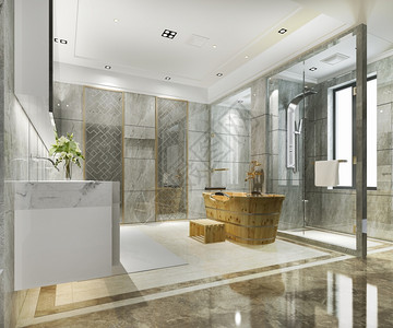 具有豪华瓷砖装饰器的经典现代洗手间玻璃盆地镜子室内的高清图片素材