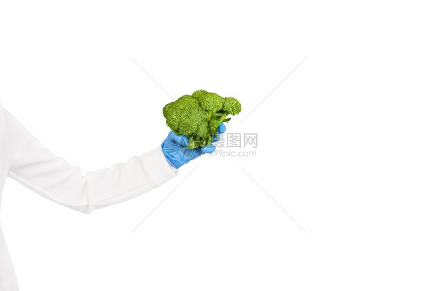 生的白色戴蓝一次手套的女拿着西兰花厨房概念中的卫生或健康饮食复制空间戴蓝色一次手套的女拿着西兰花农业图片