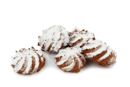 几个巧克力口水小面包饼干白底绝缘的糖粉和白面上果吃图片