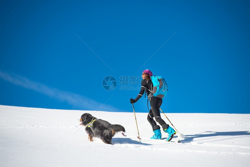 带狗登雪山的女生图片