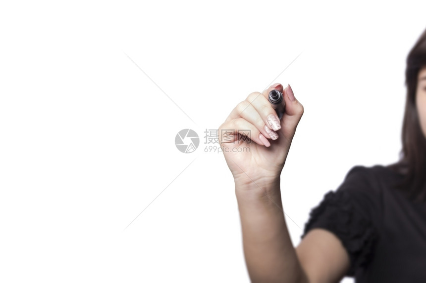 用笔写字年轻美丽的商业女人在屏幕白板上写笔关注黑标记大量复制空间布隆头发彩虹模型孤立在无缝白色背景上BlondCaucacian图片