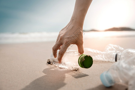 在海滩沙收集塑料瓶废物图片