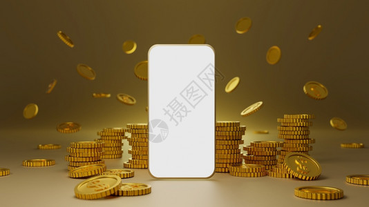 货币社会的在金背景3D铸造上带有白色屏幕移动模型的金硬币堆叠图片