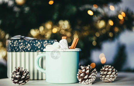 温暖的孩子们热巧克力加棉花糖和圣诞灯冬酒温馨可爱的图片