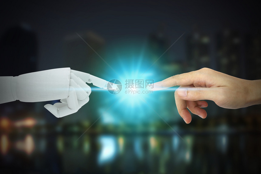 科学数字的手臂机器人和触摸城市背景人工智能技术概念人工智能技术概念图片