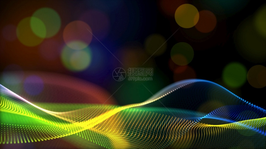 摘要彩虹颜色或全息图数字粒子波背景为bokeh流科学混乱的闪亮图片