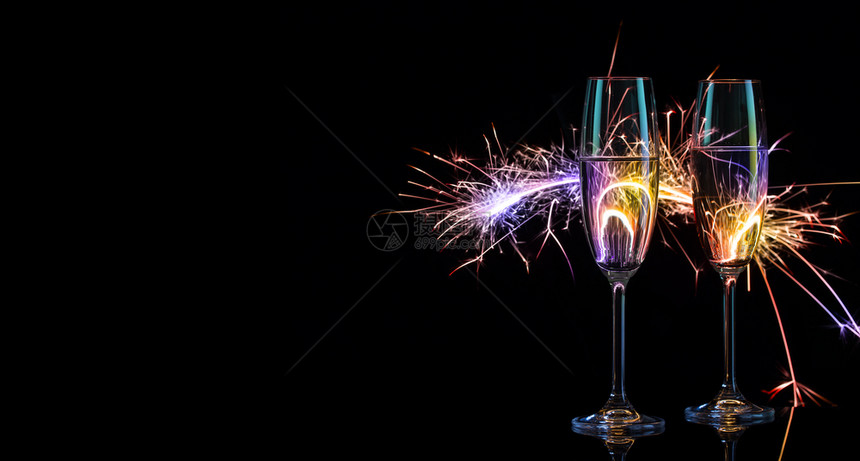 红酒杯瓶子庆祝婚礼和新年复制空间的概念两杯香槟在多彩孟加拉灯光下的香槟黑色背景双杯香槟在多彩孟加拉灯光中的两杯香槟一是盛宴明亮的图片