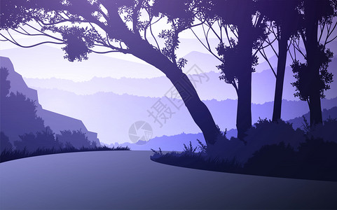 多雾路段场地顶峰暮自然林树山地平线丘和日出落路线的风光月亮和日落墙纸说明矢量风格设计图片