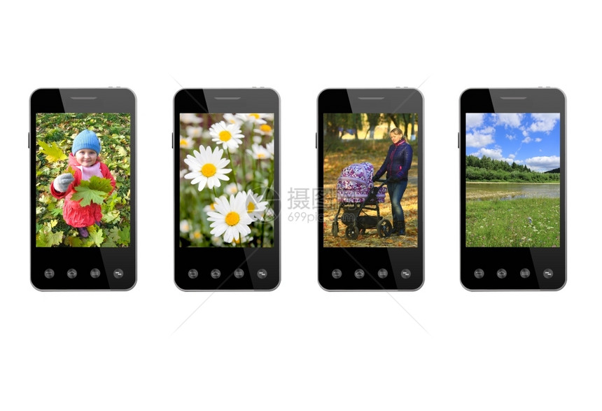 缩短相机四台现代智能手机带有白色背景上隔离的彩色图象图片