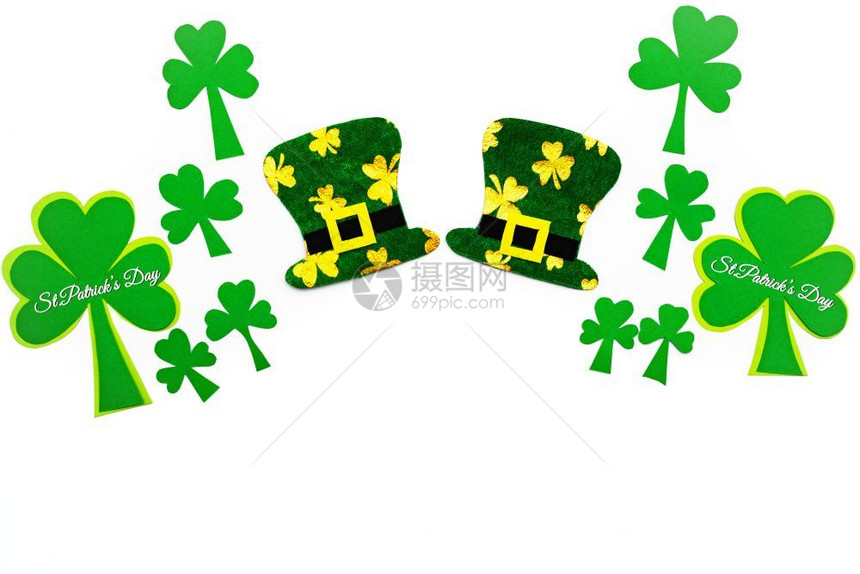 爱尔兰钱圣帕特里克节日妖帽和白色背景的绿沙姆石17日图片
