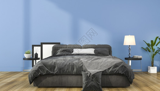 ps古床素材床蓝色的3d以扫描禽风格制作的古蓝色最小模拟卧室桌子背景