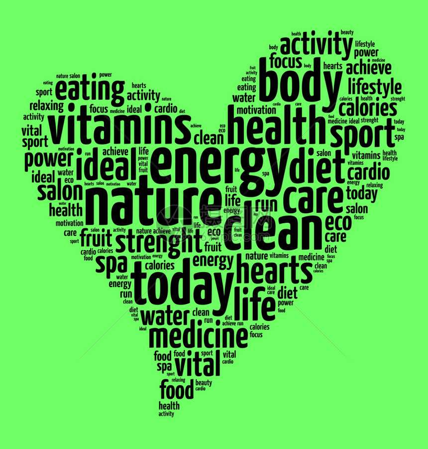 医疗的绿色背景上自然字词云概念活力维生素图片