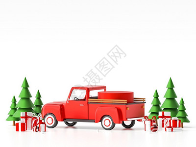 横幅假期装饰风格圣诞车的几何讲台和圣诞节礼物作为产品广告3D插图图片