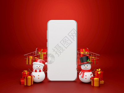 展示圣诞购物网上销售用雪人智能手机和满礼品的购物卡3插图派对诺埃尔图片