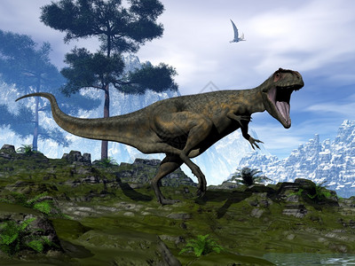 古生物学家山岩石形象的巨龙恐在大自然中行走和咆哮3D使巨龙恐行走和咆哮3D设计图片