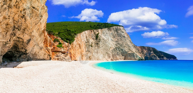 希腊莱夫卡达爱奥尼亚岛波托卡齐基海滩的美丽洋和滩地标夏天梦图片