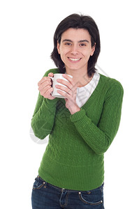 脸绿色带着咖啡茶杯的笑着随意妇女被白种背景隔绝吸引人的季节高清图片素材