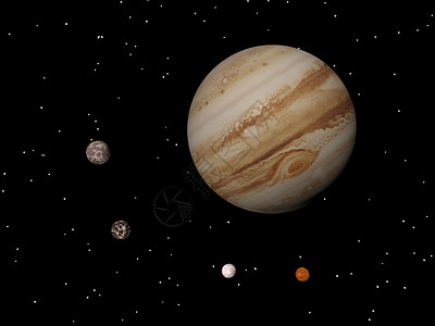 木星的抗风暴和四颗著名的卫星IoEuropaGanymede和Callisto于夜间出现大气层轨道经过背景图片