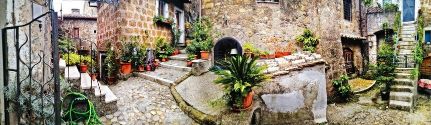 老的花意大利最美丽中世纪村庄卡尔塔有迷人的花丛狭小街道窄的图片