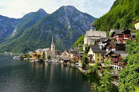 假期奥地利阿尔卑斯山风景照片中的美丽山村明信片观光夏天自然户外高清图片素材