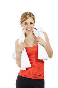 青丘女帝健美衬衫卫生保身穿白底毛巾的年轻运动女青妇在白人背景上涂有毛巾的妇女背景