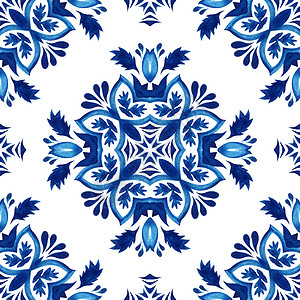 清莱白蓝色和白手画的瓷砖无缝装饰水彩色涂料图案用花粉绘制陶瓷马赛克形体印刷品TimpicalBlueandwhitehand花的陶瓷制插画