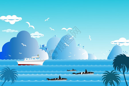 情人岛美丽的超过海面背景与鲸鱼家族在海面的景背在群岛蓝色和鱼类之间的水浪中以及鸟类在夏季天云背景下飞行说明野生物旅行设计图片