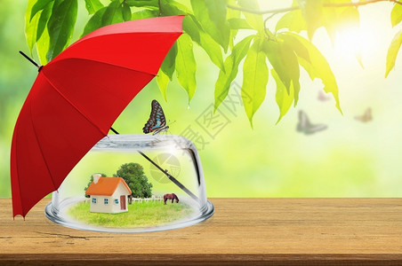 插上屏蔽层地产保险木板和红色伞上玻璃圆顶的玩具房因自然背景模糊不清而面的天然物业保险概念被困代理人木制的设计图片