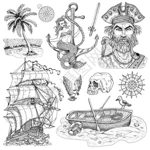 阻挠船与水手用古老的风格工绘画雕刻的航海图示古董队长插画