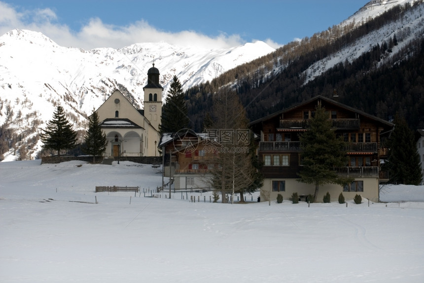 风景优美价格树瑞士阿尔卑斯山的一个村庄场景图片