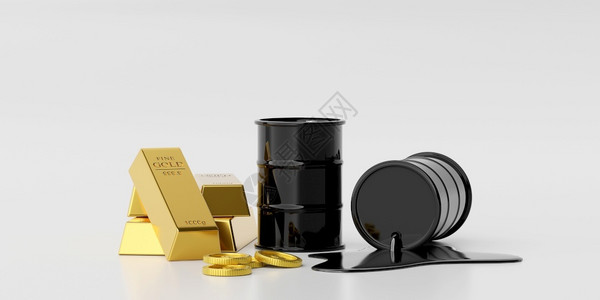 石油贸易投资概念金条堆满一桶石油和美元硬币的金条3插图属交换宝贵的背景