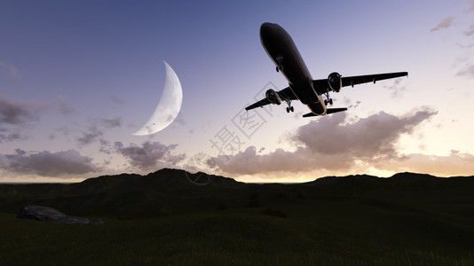 飞机白色客用3D软件在空中飞行的白色客机器景观图片