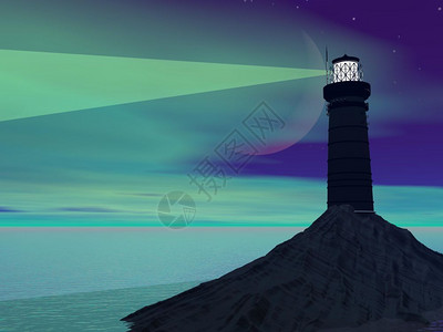 灯塔光束绿色夜晚的灯塔阴影月光之窗夜3D制成地平线岩石晚上设计图片