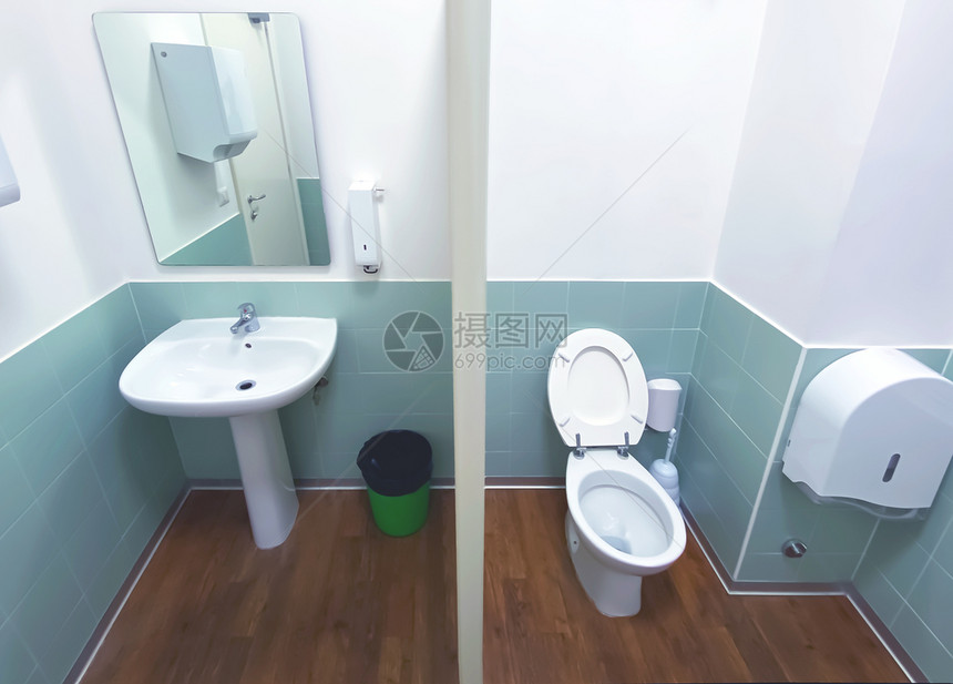 下沉房间家厕所宽角视图有木地板和砖墙有镜子绿篮水槽和瓷碗图片