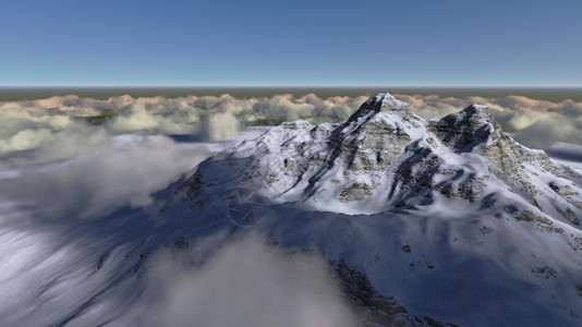 3D软件中云层之上的山峰距离雪地平线图片