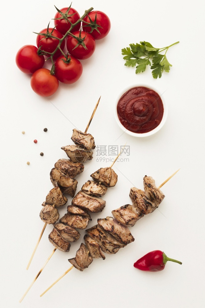 端观美味的烤肉和番茄酱高分辨率照片顶端视图美味的烤肉和番茄酱洋葱健康食物图片